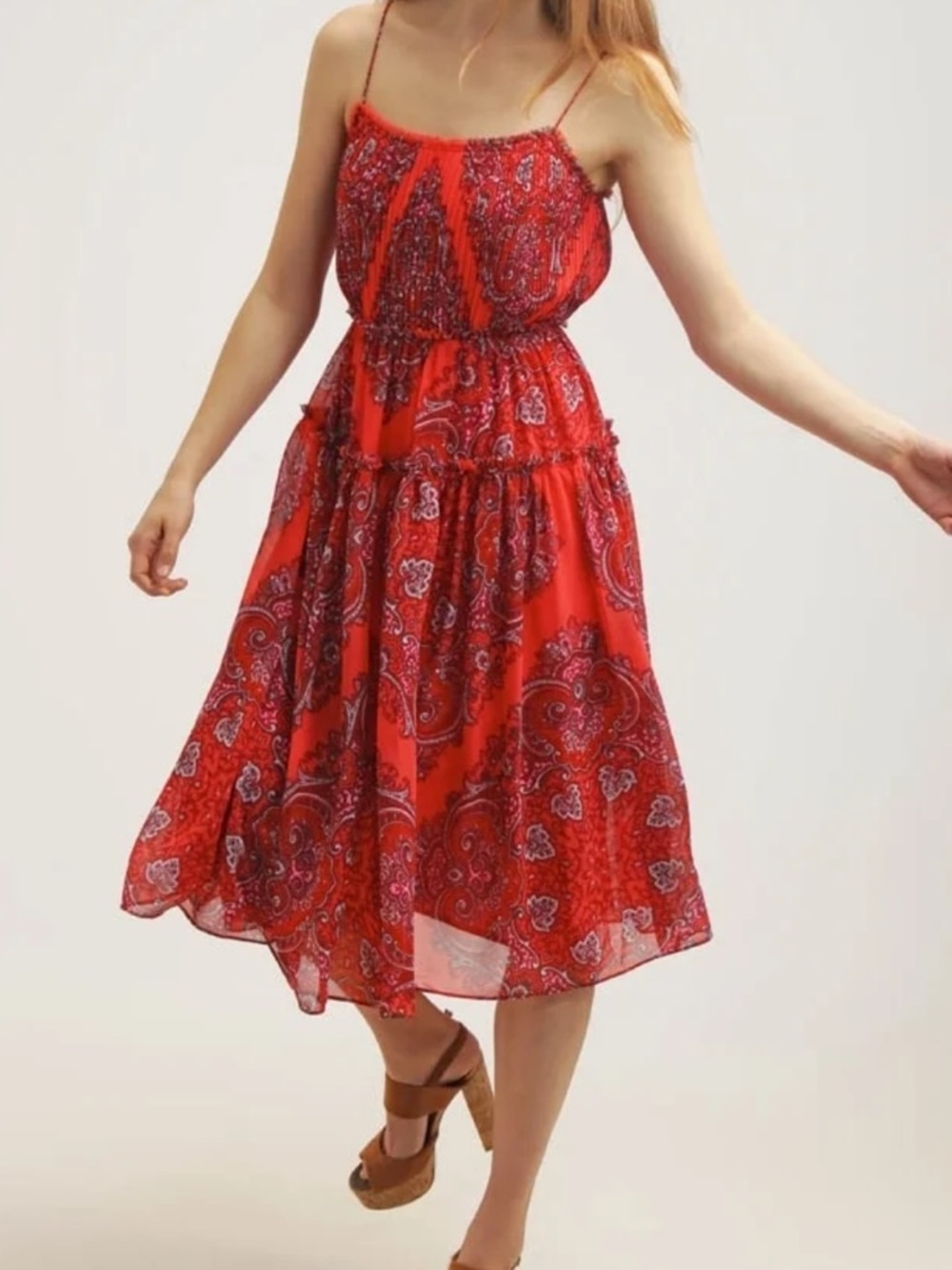 Banana Republic chiffon pleated ruffle raw edge paisley floral midi dress